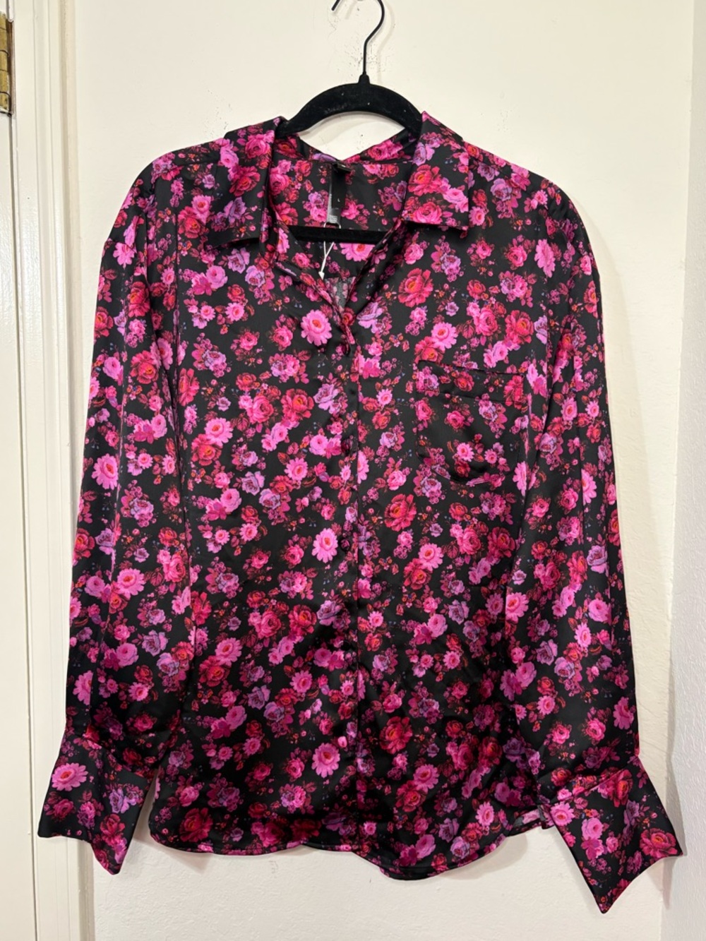 For Love & Lemons Floral Lola Silk-Like Button Down Top pink and black size L